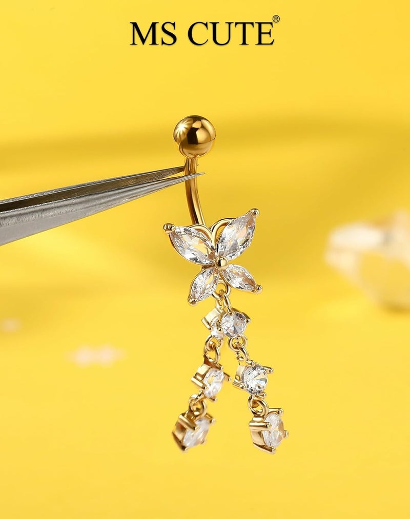MS CUTE 5PCS Belly Button Rings for Women 14G Dangle Navel Piercing Jewelry Set Surgical Stainless Steel Body Jewelry with CZ Butterfly Flower Teardrop Barbell for Beach Festival Daily - Image 3